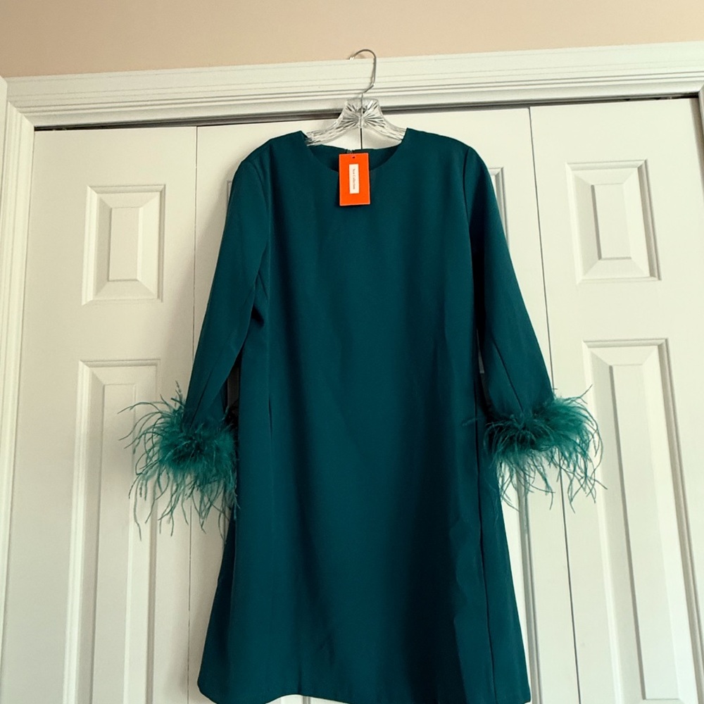 Green Dress with Feather Cuffs. Has pockets!